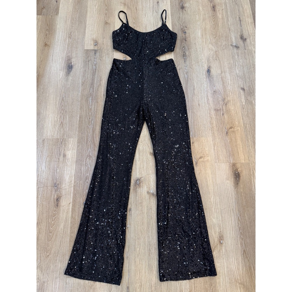 Michael Costello x REVOLVE Jumpsuit Womens Medium Black Sequin Cutout Glam Disco